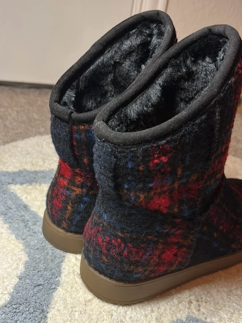Indigo Plaid Winter Boots - Black, Red & Blue Accents